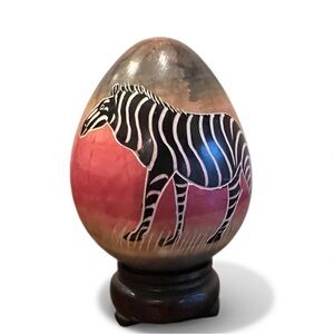 Hand Painted Soapstone Egg African Wildlife Mural Scene Zebra Trees